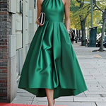 A-Line High-Low High Waisted Pleated Pockets Solid Color Halter-Neck Maxi Dresses