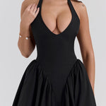 Solid Halter Deep V Neck A-Line Midi Dresses