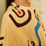 Helia Linen Blend Unique Print Drawstring Waist Kaftan Maxi Dress
