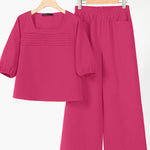 Loose solid color long sleeved top wide leg pants set