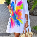 Half Sleeves Loose Buttoned Contrast Color Printed Lapel Mini Dresses Shirt Dress