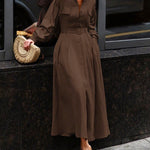 Loose Puff Sleeves Pleated Solid Color Split-Joint Lapel Maxi Dresses Shirt Dress