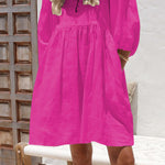 Fashion Loose V Neck Puff Sleeve Cotton Linen Dress
