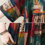 Vintage Loose Abstract Printed Pleated Round-Neck Half Sleeves Midi Dress