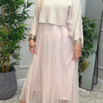 Fenna Ribbed Sequin Trim Batwing Sleeve Sweater and Pleated Tulle Stretch Tank Midi Dress Two-piece Set