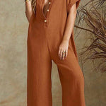 SHORT SLEEVE V NECK JUMPSUIT BUTTON DOWN TURNDOWN COLLAR WIDE LEG JUMPSUIT