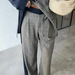 Nayla Plaid Contrast Color Belted Long Sleeve Lapel Blazer and Pocketed Wide Leg Pants Set