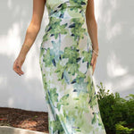 Spice Girl High Neck Temperament Elegant Slit Printed Dress Long Skirt