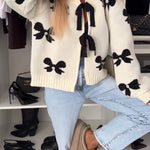 Bow Tie Round Neck Long Sleeve Knitted Cardigan