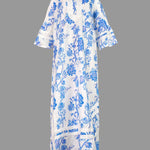 Flared Sleeves Loose Flower Print Split-Joint Split-side Deep V-Neck Midi Dresses