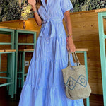 Loose Short Sleeves Striped Lapel Maxi Dresses
