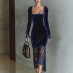 Women's Burgundy Velvet Lace Fitted Maxi Dress