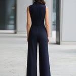 Navy Sleeveless Plunge-Neck Wide-Leg Jumpsuit