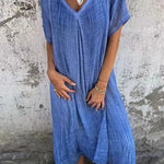 V Neck Loose Fit Cotton Linen Midi Dress