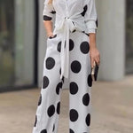 Fashion Lapel Long-sleeved Tie Waist Shirt and Casual Polka Dot Print Wide-leg Pants Set