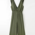 Jungle Green Deep V Pocketed Pleated Wide Leg Jumpsuit