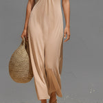 Women's Taupe Stretch Jersey Dress With Halter Neck & Keyhole Cutout, Timeless Effortless-Boho Style Dress