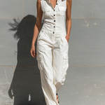 Women's Minimalist Cotton Blend Single-breasted Sleeveless Jumpsuit