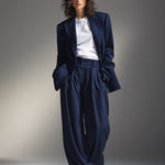 Women's Navy Structured Woven Set With Oversized Blazer & Wide-Leg Pants, Timeless Chic-Effortless Style Set