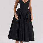 Solid Halter Deep V Neck A-Line Midi Dresses