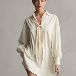 Women's Off-White Woven Dress With Long Sleeve & Mini Length, Sophisticated Daytime-Casual Style Dress