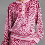 Casual Sporty Retro Pink Velvet Leopard Print Sweatshirt And Wide-Leg Pants Set