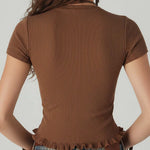 Boho Vintage Brown Ribbed Ruffle Zip-Front Top