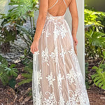 White and Beige Cross Back Floral Tulle Maxi Dress