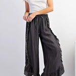 Solid Color Ruffled Elastic Waist Tie Loose Denim Flared Pants