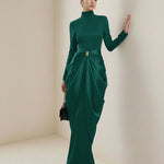 Long Sleeves Buckle Draped High-Neck Evening Dresses Maxi Dresses
