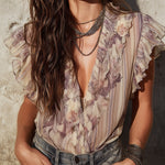 Vintage Striped Floral Chiffon Blouse With Ruffles