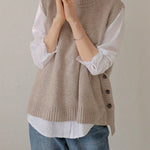 Simple Sleeveless Loose Buttoned Solid Color Round-Neck Sweater Vest Outerwear
