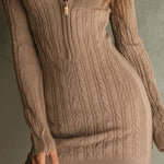 Camel Brown V-neck Half-Zip Cable Knit Sweater Dress