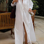 Long Sleeves Loose Buttoned Solid Color Split-Side Lapel Maxi Shirt Dress