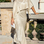 Batwing Sleeves Cape Shiny Solid Color Split-Joint Boat Neck Evening Dresses Maxi Dresses