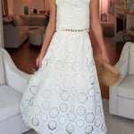 Nice Try Embroidered Crochet Lace Tassle Trim Elastic Waist Midi Skirt