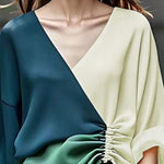 Long Sleeves Loose Color-Block Contrast Color Drawstring Elasticity V-Neck Blouses&Shirts Tops