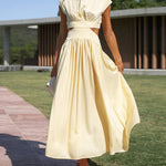 Cap Sleeve Belly-Hollow Pleated Solid Color Stand Collar Maxi Dresses