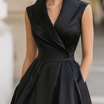 Vintage-Inspired Satin Fit-and-Flare Midi Dress With Sculpted Shawl Collar