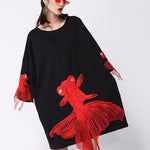 Red Goldfish Embroidered Loose Round Neck T-Shirt Dress