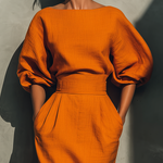 Women's Orange Mid-sleeve Top And Midi Skirt Set