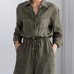 Urban Linen Drawstring Elastic Waisted Wide Leg Long Sleeves Jumpsuits