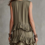 Boho Vintage Olive Ruffle V-Neck Tencel Mini Dress