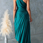 Margovil One Shoulder Cut Out Waist Pleated Satin Maxi Dress