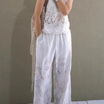 Linen Blend Solid Color Hollow Loose Vest and Elastic Waist Casual Pocket Wide Leg Pants Set