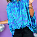 Blue Leopard Print Loose Batwing Sleeve Mock Neck Blouse
