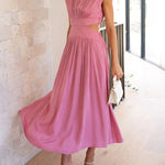 Cap Sleeve Belly-Hollow Pleated Solid Color Stand Collar Maxi Dresses