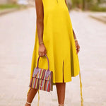 A-Line Sleeveless Solid Color Split-Joint Split-Side Streamer V-Neck Midi Dresses