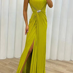 Pretty Special Pleated Embellished Slit Evening Maxi Dress