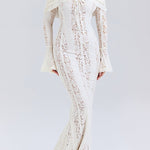 Floral Lace Off Shoulder Flare Sleeve Fishtail Maxi Dresses-White
